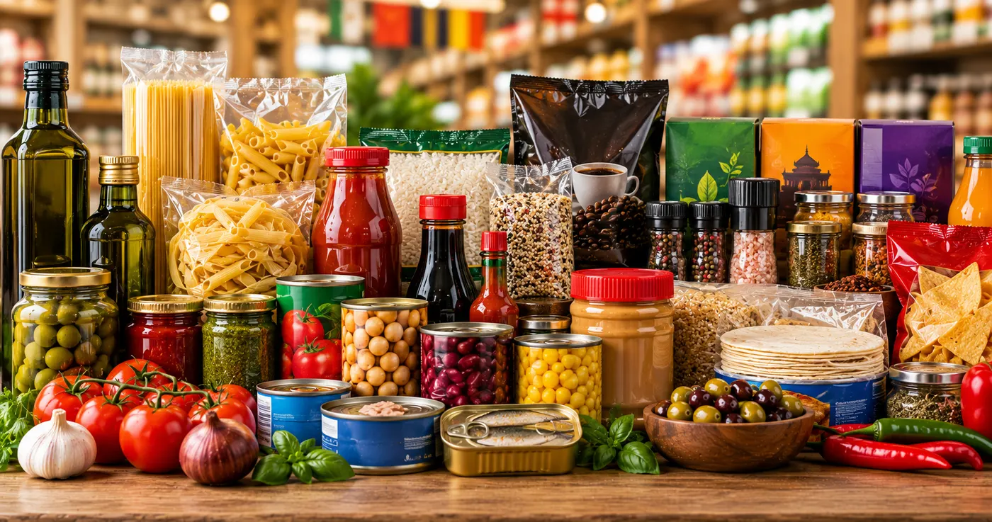 Jars, tins, sauces and pantry staples on a market counter