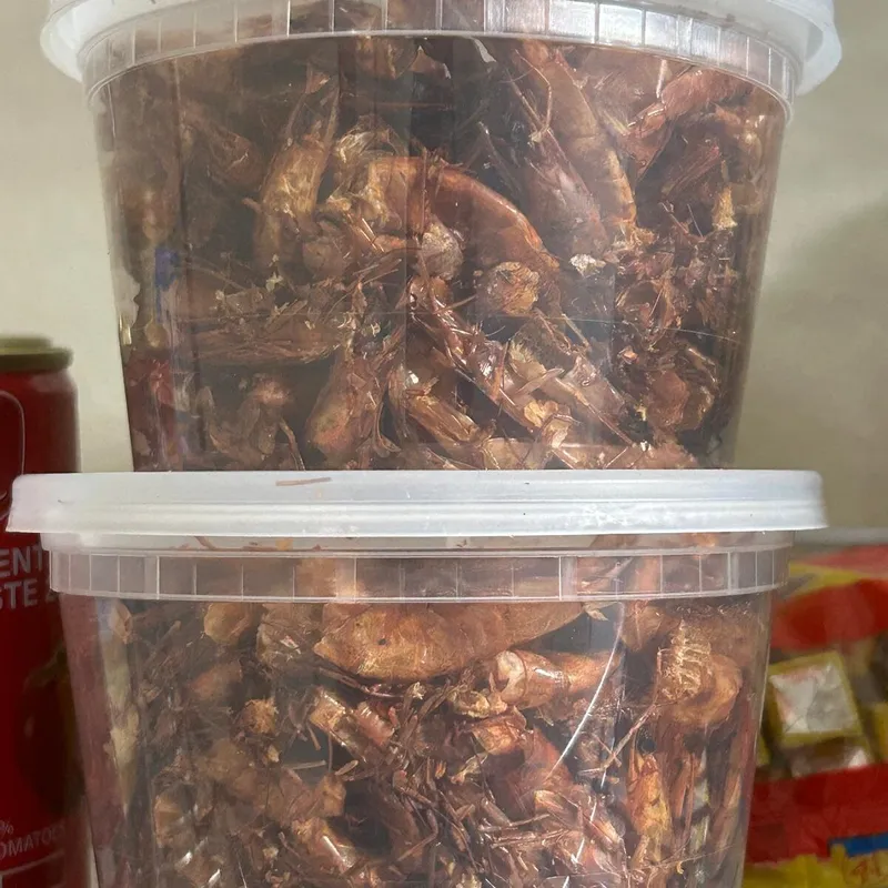 Tubs of dried shrimp on the shelf